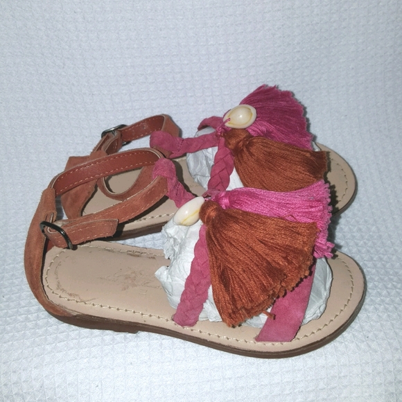 Zara Girls 27 9.5 Pink Orange Suede Tassel Sandals - Picture 2 of 8